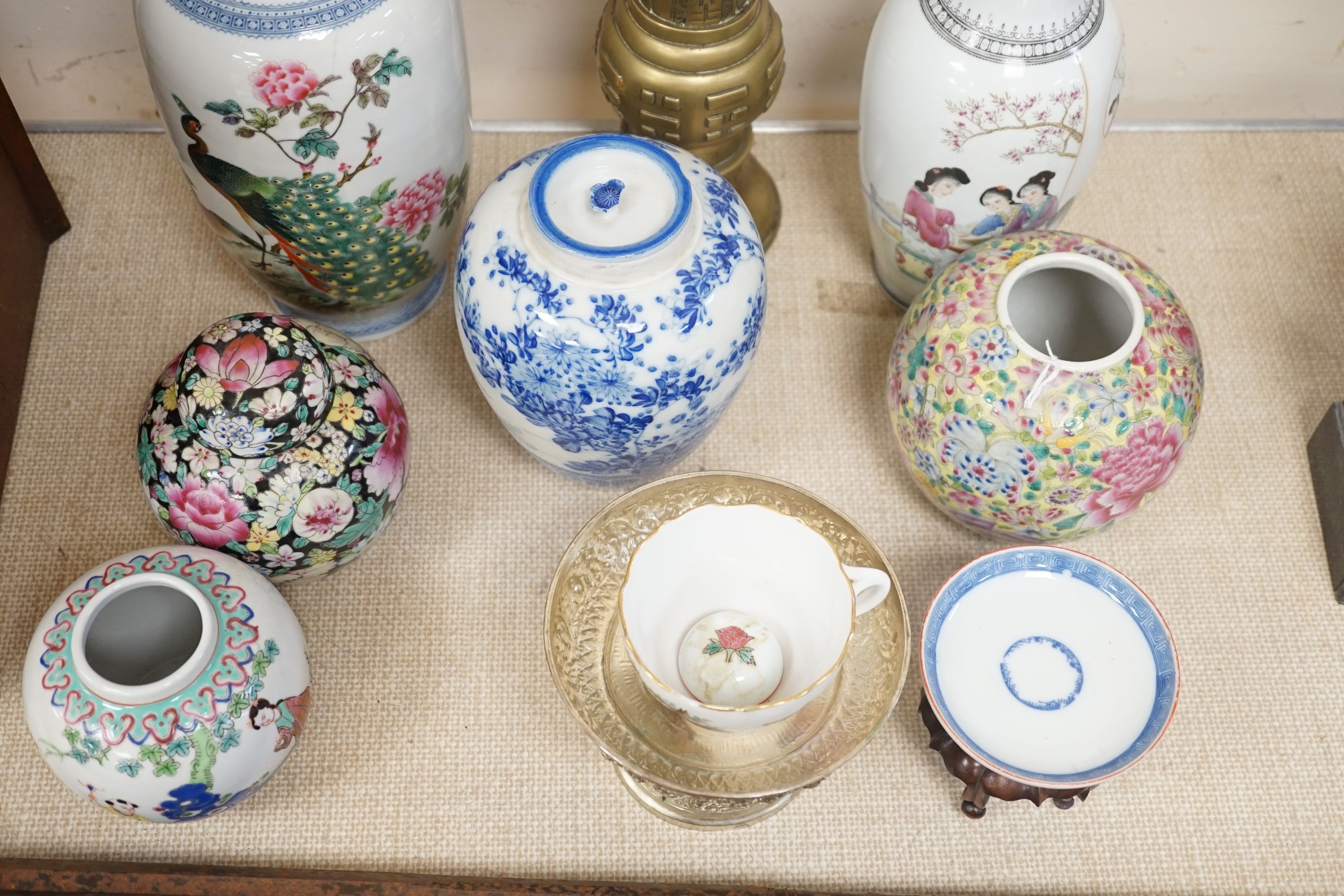 A group of Chinese porcelain vases and jars, a bronze vase, etc, bronze vase 27cms high.